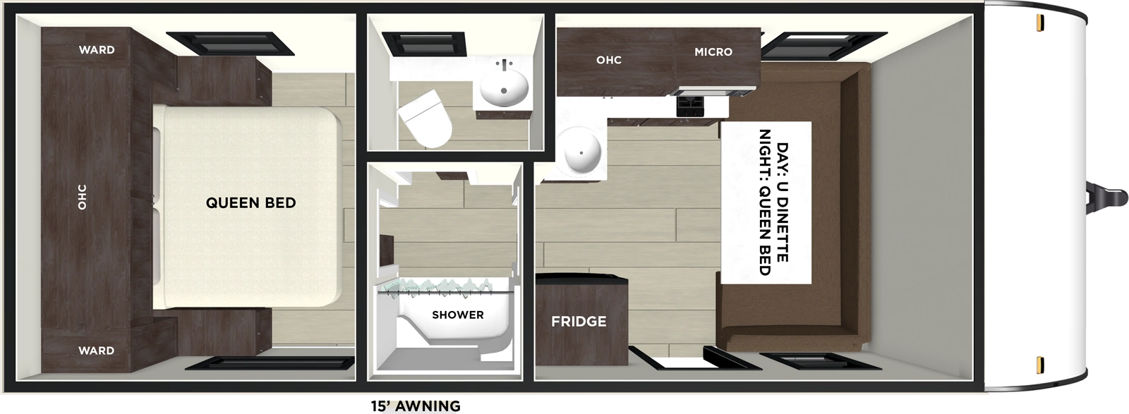 The Wildwood FSX 161QK floorplan has one entry and zero slide outs. Exterior features include: fiberglass exterior, 15' awning and outside kitchen. Interiors features include: u-dinette and pass through bathroom.